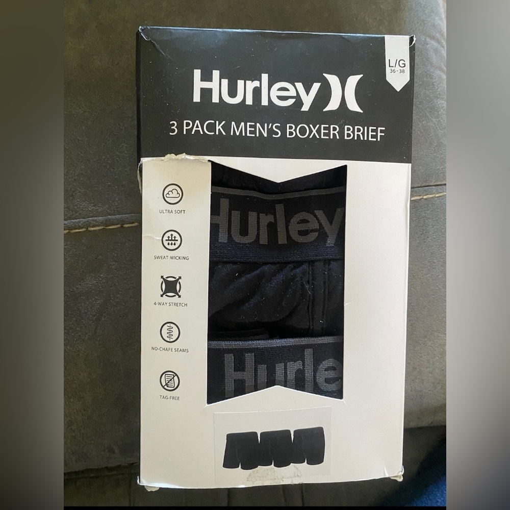 3 Hurley Men’s Large Boxer Briefs  Black W Gray Trim. New